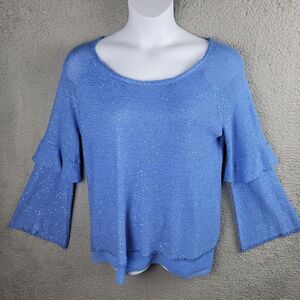 Sioni Studio Tunic Top Womens XL Blue Sequined Knit Tiered Bell Sleeve